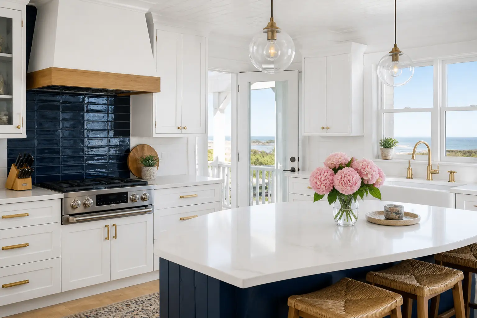 Clean coastal kitchen with navy tile and bright counters