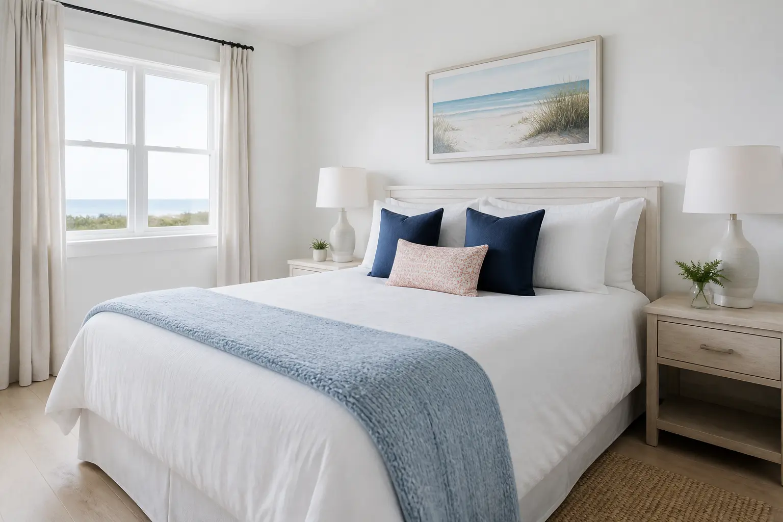 Guest-ready coastal rental bedroom with crisp bedding